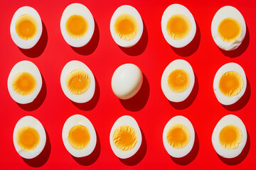 A close up of boiled egg halves with one whole egg in the middle on a red background. The eggs are cut in half and have a yellow yolk. The eggs are arranged in geometric pattern.
