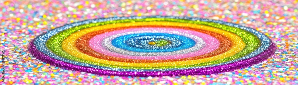 Poster a sparkly rainbow colored target sits on glittered background