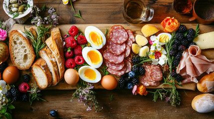 A wooden board with a variety of food items including bread, cheese, ham, and eggs. The board is set on a table with a vase of flowers in the background.
