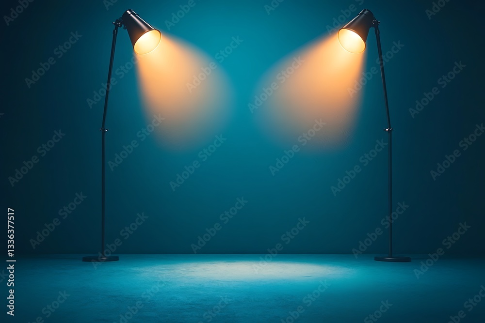 Poster two spotlights illuminate empty teal studio space.