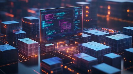 A futuristic digital city with data visualization on screen 