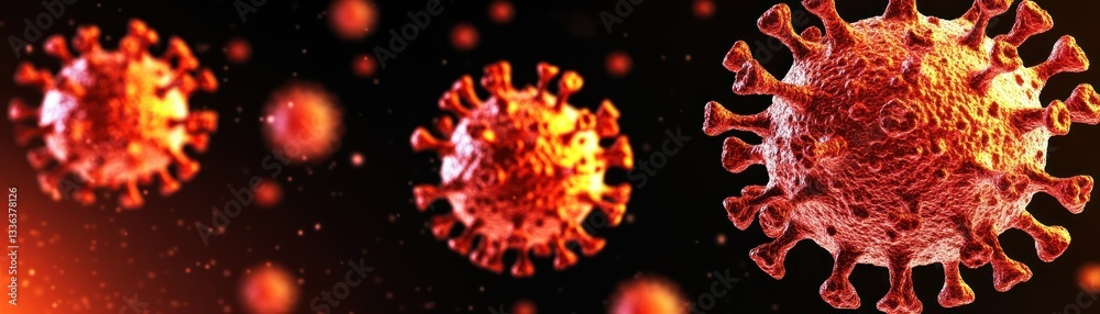 Poster illustrative render of several microscopic virus particles on dark background