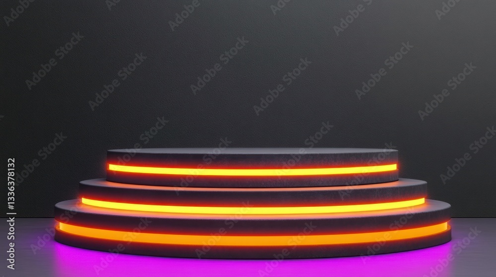 Poster A three tiered illuminated circular display platform on a reflective surface