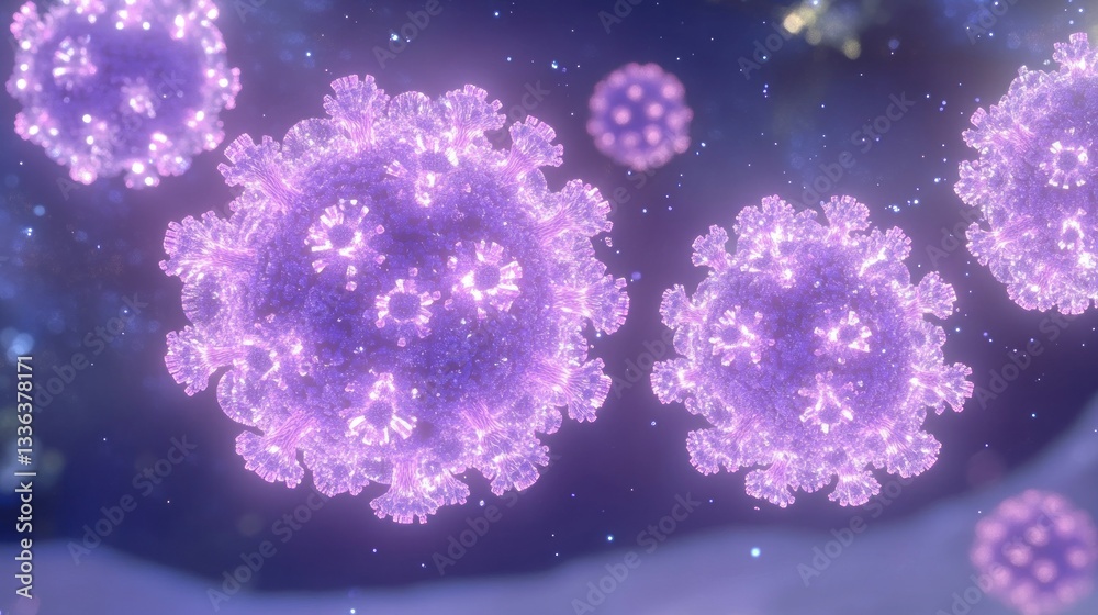 Poster Several illuminated viruses float in a dark and abstract background