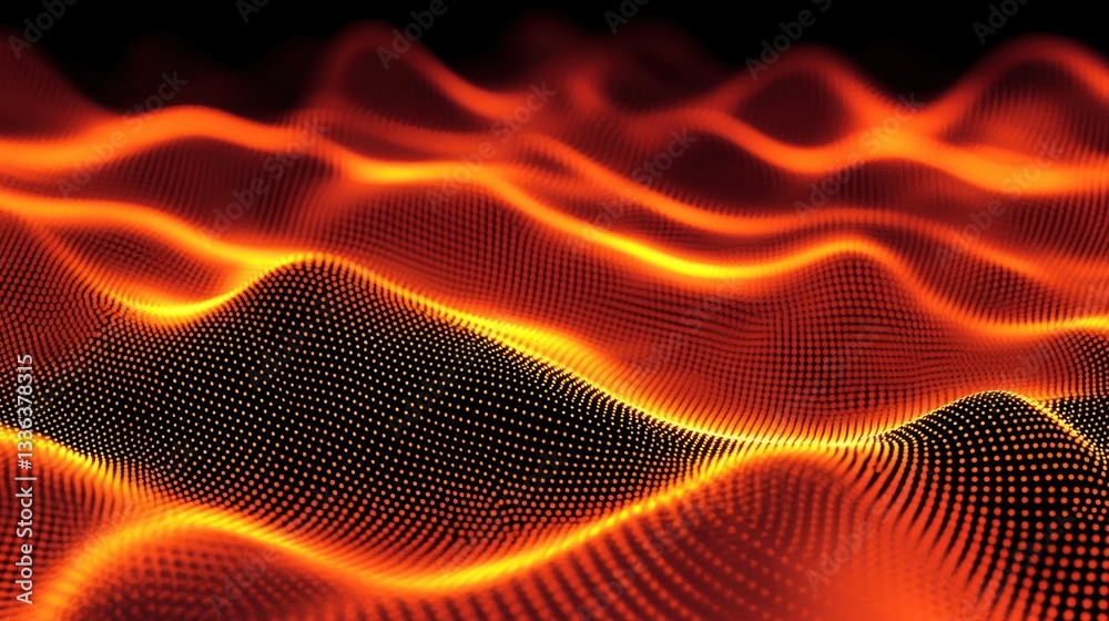 Poster Orange and red glowing dot formations create a waving pattern
