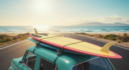 Vintage car with surfboard at sunset on beachside road