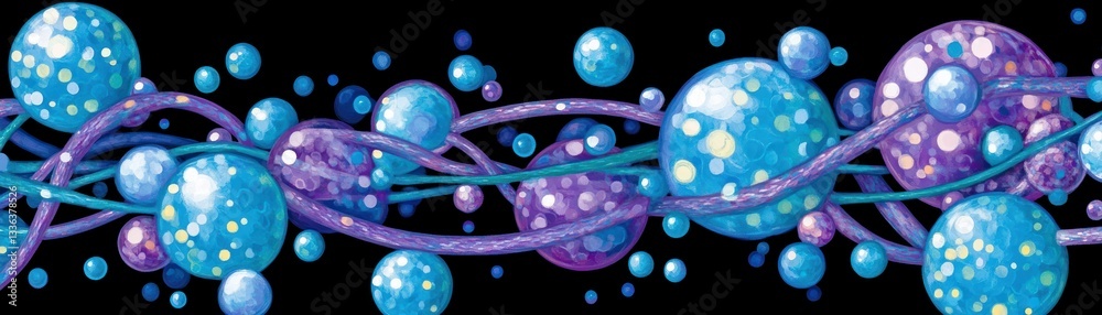 Poster blue and purple spheres connected with curved lines and dots
