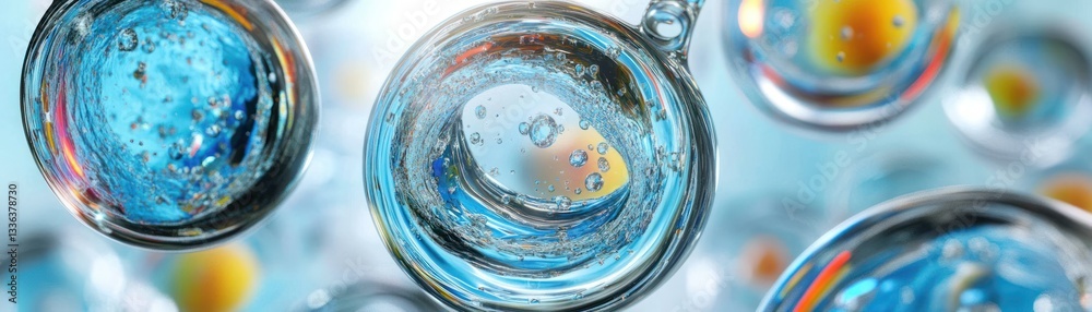 Poster Several spherical water bubbles with different internal color and shape