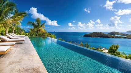 Luxurious swimming pool overlooks a beautiful tropical ocean view setting