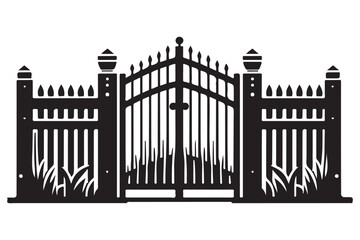 Ornate Iron Gate Silhouette with Fences and Grass Illustration
