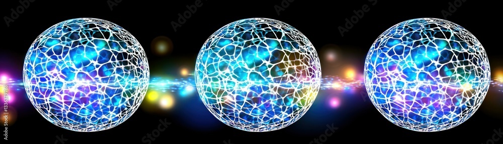 Poster Three interconnected glowing orbs with web like patterns displayed