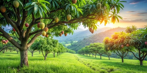 Obraz premium Golden Hour in a Lush Mango Orchard, Rows of Fruit Trees Bask in the Warm Sunset Glow, a Serene Pastoral Scene