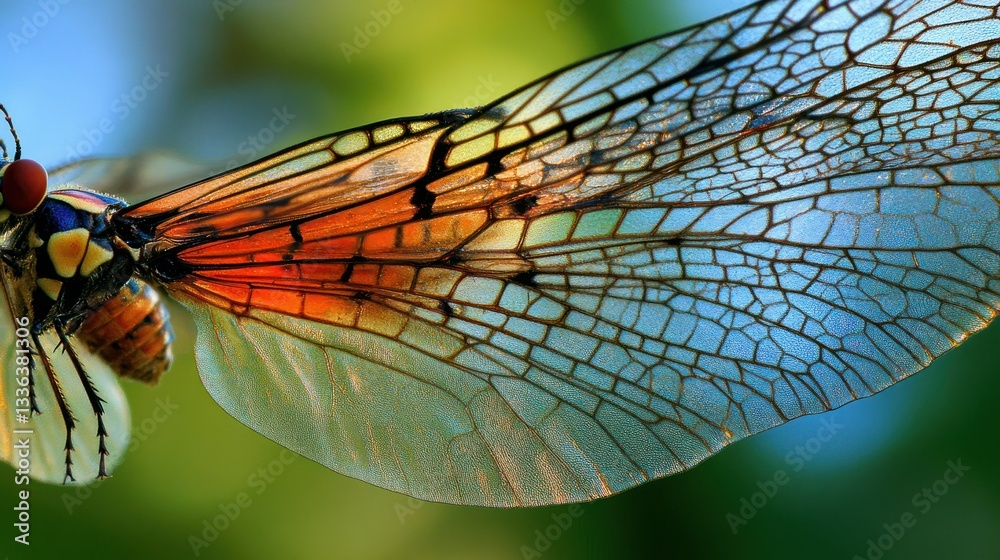 Poster a detailed close up of a winged insect with colors displayed