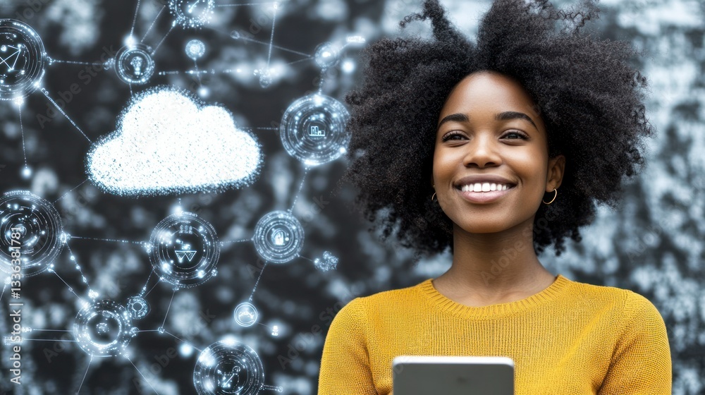 Poster smiling woman with technology icons representing a network cloud