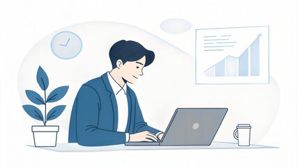 A digital illustration of a young professional working on a laptop, with charts and a plant in a modern office setting