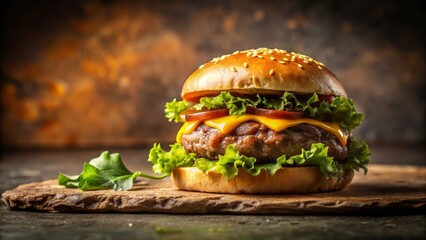 Juicy Cheeseburger on Rustic Wooden Board, Fresh Lettuce, Melted Cheese, Sesame Seed Bun