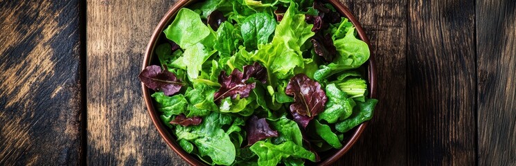 Fresh garden salad with assorted greens in a rustic wooden bowl.