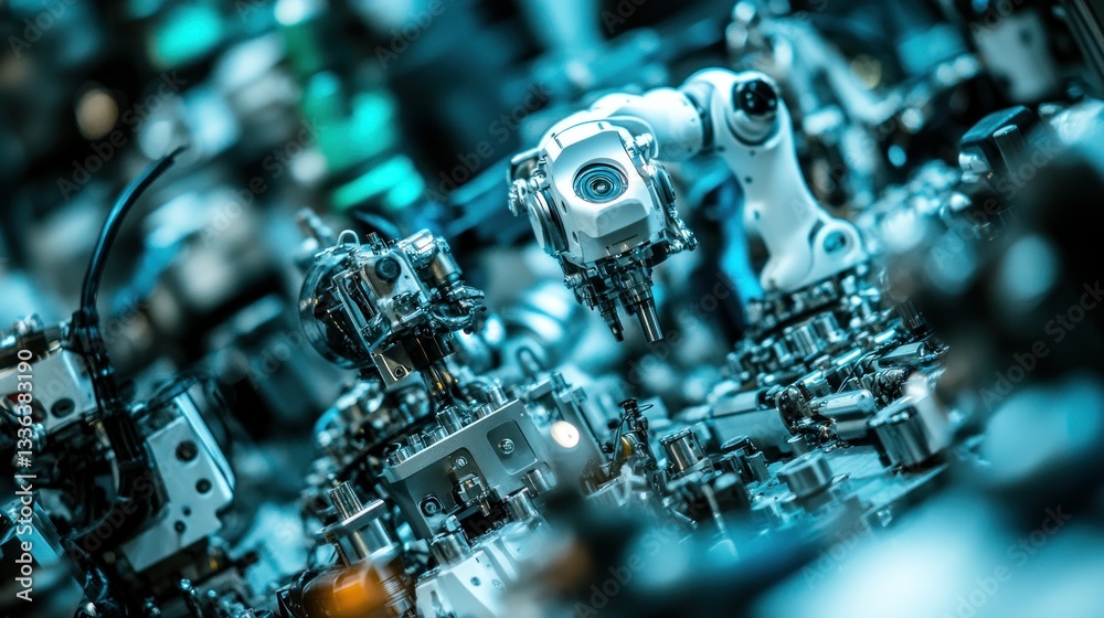 Poster several robotic arms with other machine components are depicted