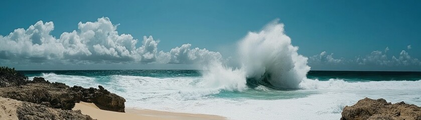 A large crashing ocean wave meets a sandy beach coastline