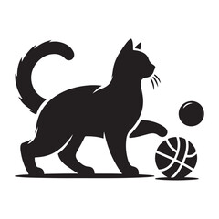 Playful Cat Silhouette Illustration Vector with Playing with Ball