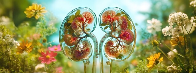 kidney organ against the background of flowers and herbal. Selective focus.