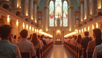 Church Candlelight Service with Reverent Community Mood in Warm Illumination
