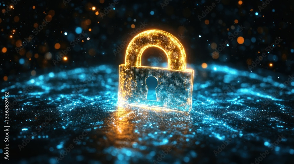 Poster glowing digital lock represents cyber security and data protection
