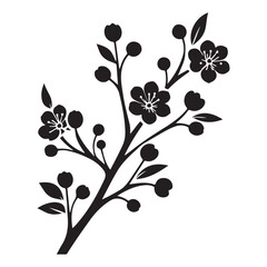 Detailed Floral Cherry Blossom Branch Silhouette Botanical Illustration