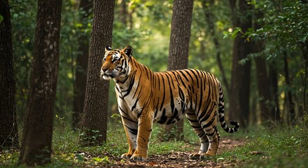 Naklejka premium Majestic Bengal Tiger in Lush Forest. Generative Ai