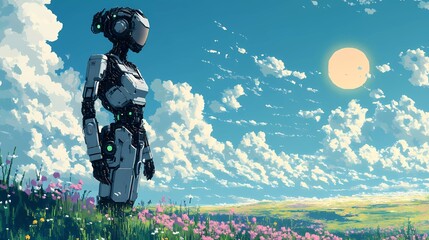 Fototapeta premium A cybernetic female with biomechanical implants and digital enhancements, representing advanced robotics and transhumanism in a futuristic comic book illustration style.