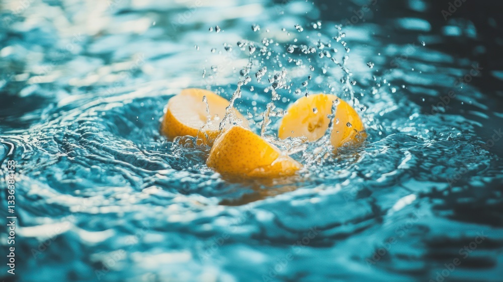 Poster sliced citrus fruit being splashed into clear refreshing water