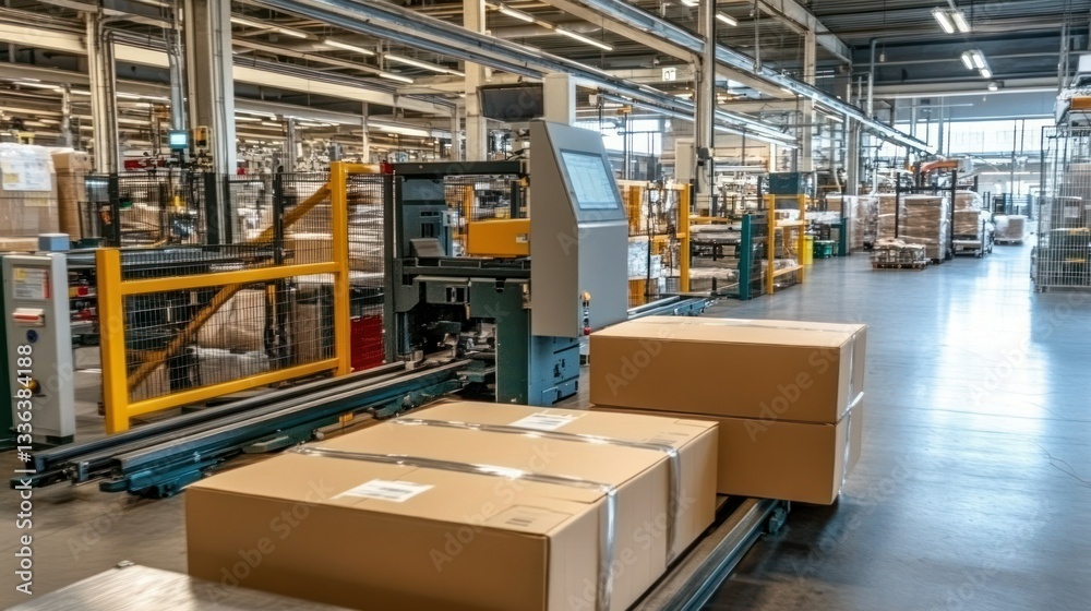 Poster a warehouse conveyor system with boxes being processed for distribution