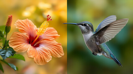 A vibrant peach hibiscus and a hummingbird in flight, side-by-side against blurred natural backgrounds