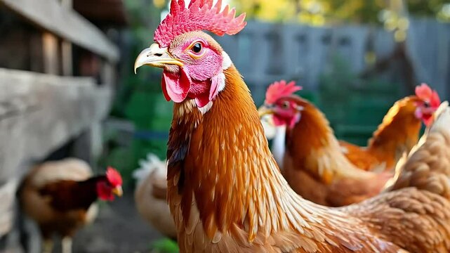 Chickens on a chicken farm grazing outdoors, domestic animal husbandry concept
