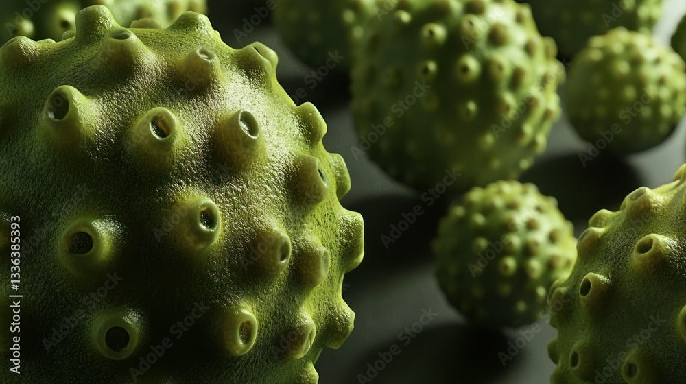 Poster several green spheres with various small and deep rounded cavities are shown
