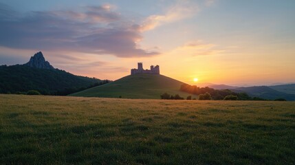 Obraz premium Golden Sunset Bathes Ancient Castle on Hilltop Surrounded by Rolling Green Fields
