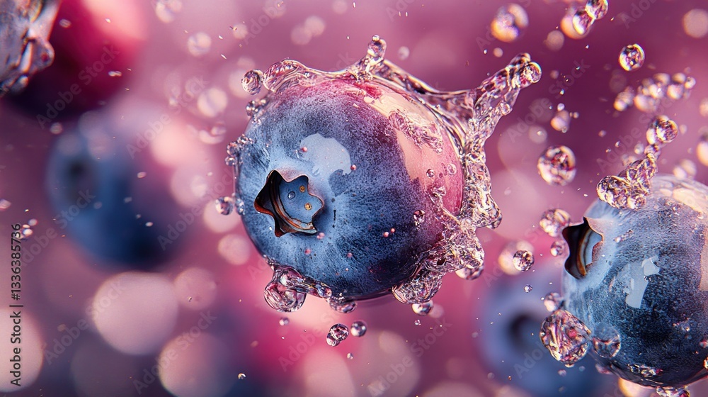 Poster fresh blueberries surrounded by splashing water and bokeh background