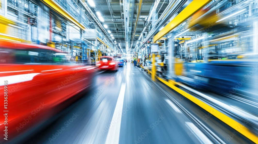 Poster Automobiles are moving through an automated manufacturing assembly line