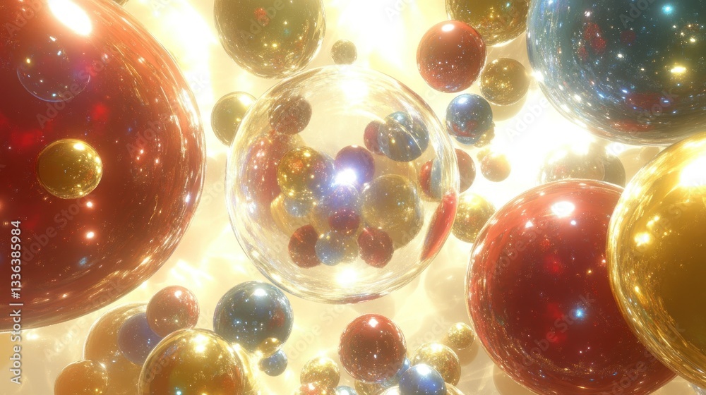 Poster Abstract composition features glowing spheres of different colors floating
