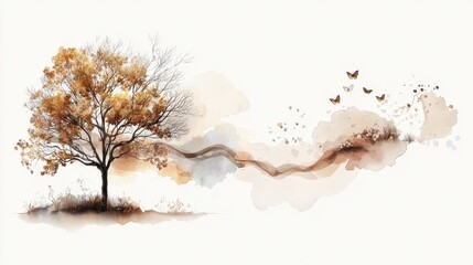 Earthy Watercolor Tree Artwork with Creative Borders and Soft Butterflies in a Serene Landscape