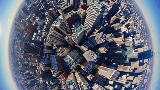 Rotating modern business district with tiny planet effect, revealing geometric skyscrapers and urban streets from aerial perspective, capturing contemporary metropolitan landscape