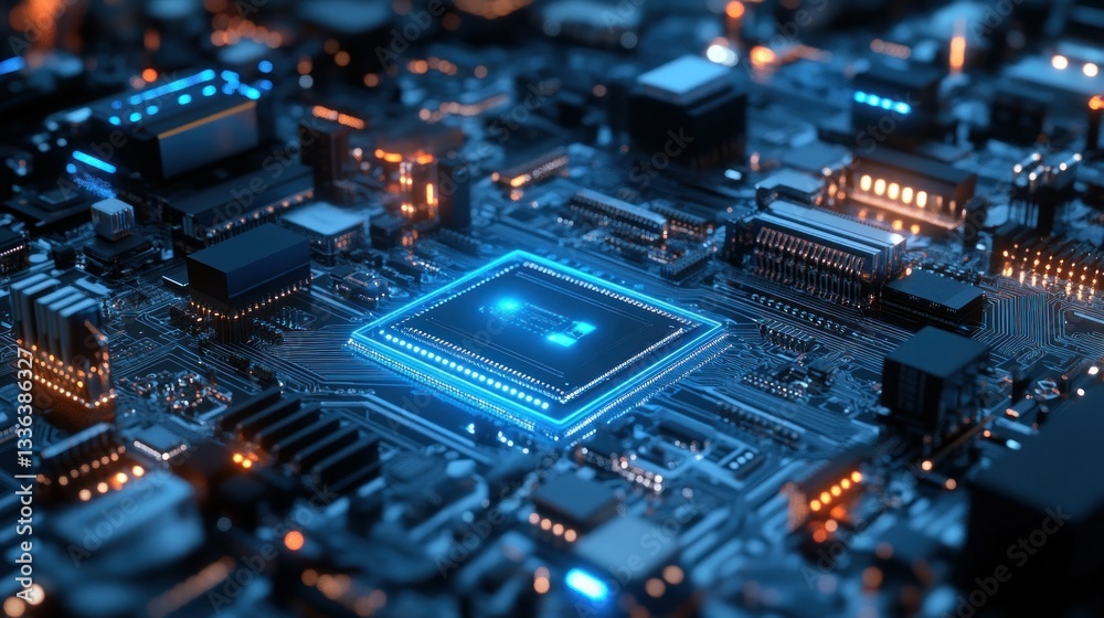 Poster Glowing digital circuitry showing a close up of a circuit board