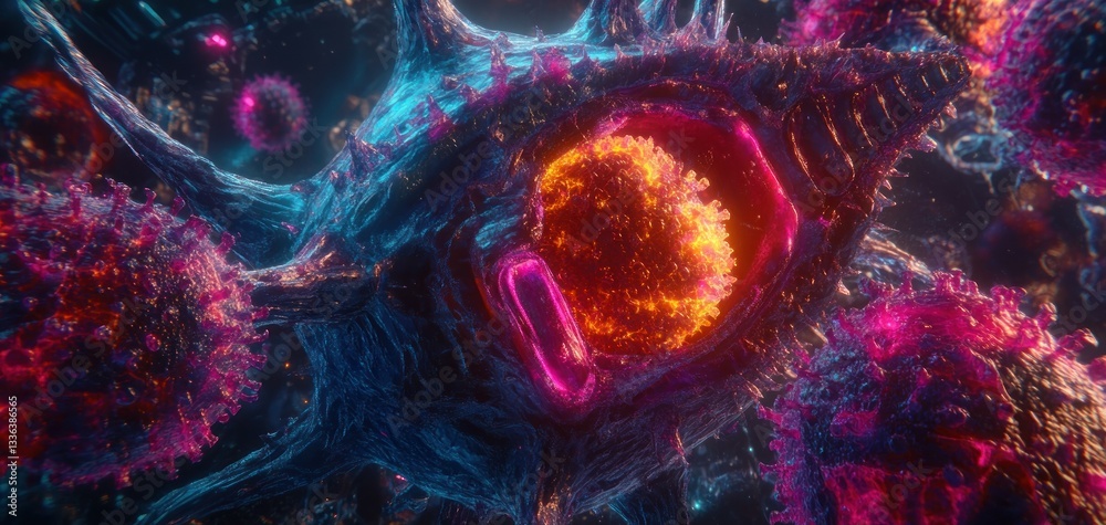 Poster abstract visualization of cellular biology depicting microscopic structures of life