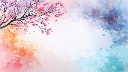 Watercolor Tree with Pastel Colored Borders and Soft Blurred Background for Artistic Design