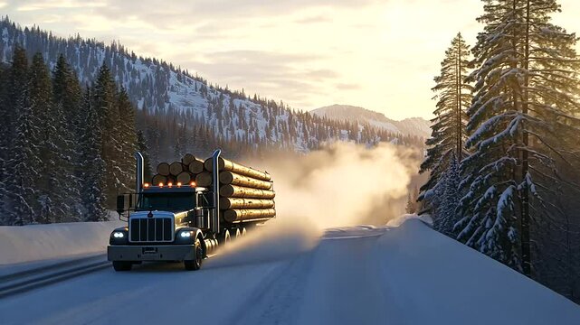 Truck hauling logs down a mountain pass in chilly air