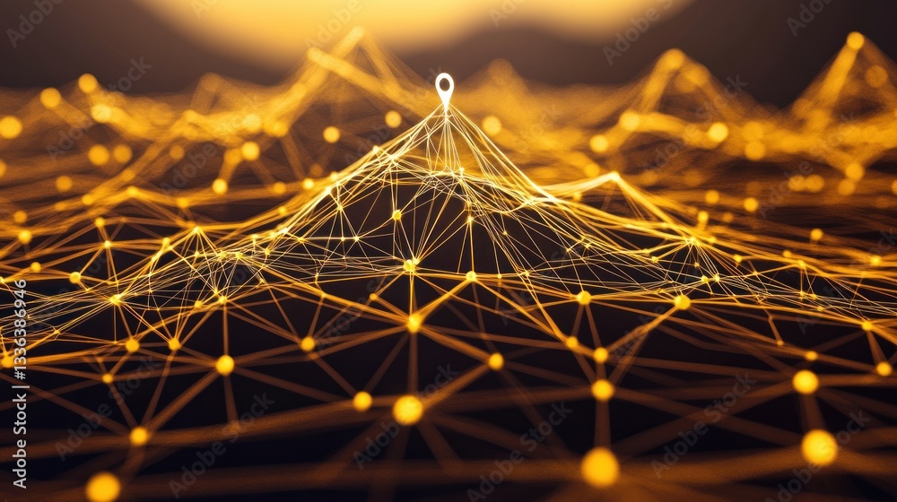 Poster a golden network connects dots across a digital landscape with location