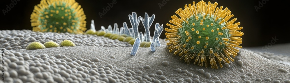 Poster Microscopic illustration of a biological structure with several pathogens present
