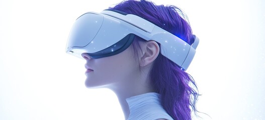 A woman with purple hair wearing a white, futuristic headband and VR headset in space, side view