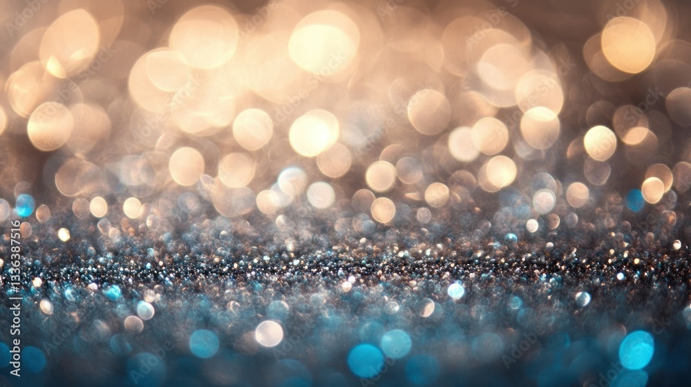 Poster glittering bokeh effect background with golden and blue sparkles details