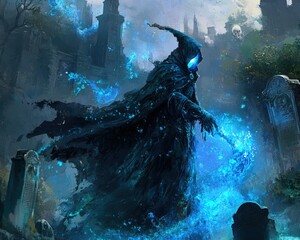 Dark, mystical figure with blue flames walks through a graveyard in a gothic setting
